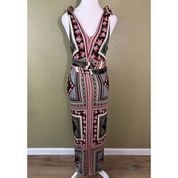Free People S Katie Patchwork Midi Dress Fitted Artsy Boho Black Red Reversible - Picture 1 of 12
